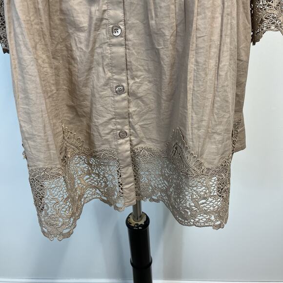 Alessa W. Collection Blouse Tunic Women's sz 10 Khaki Smocked Lace Peasant Boho - Picture 4 of 9
